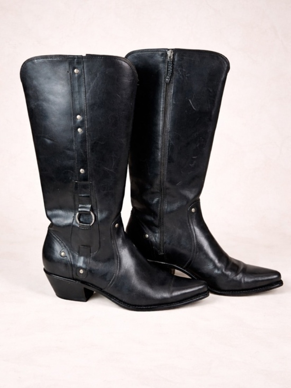 Charlie 1 Horse Black Leather Mid Calf Tall Pointed Toe Western Moto Boots 9.5
